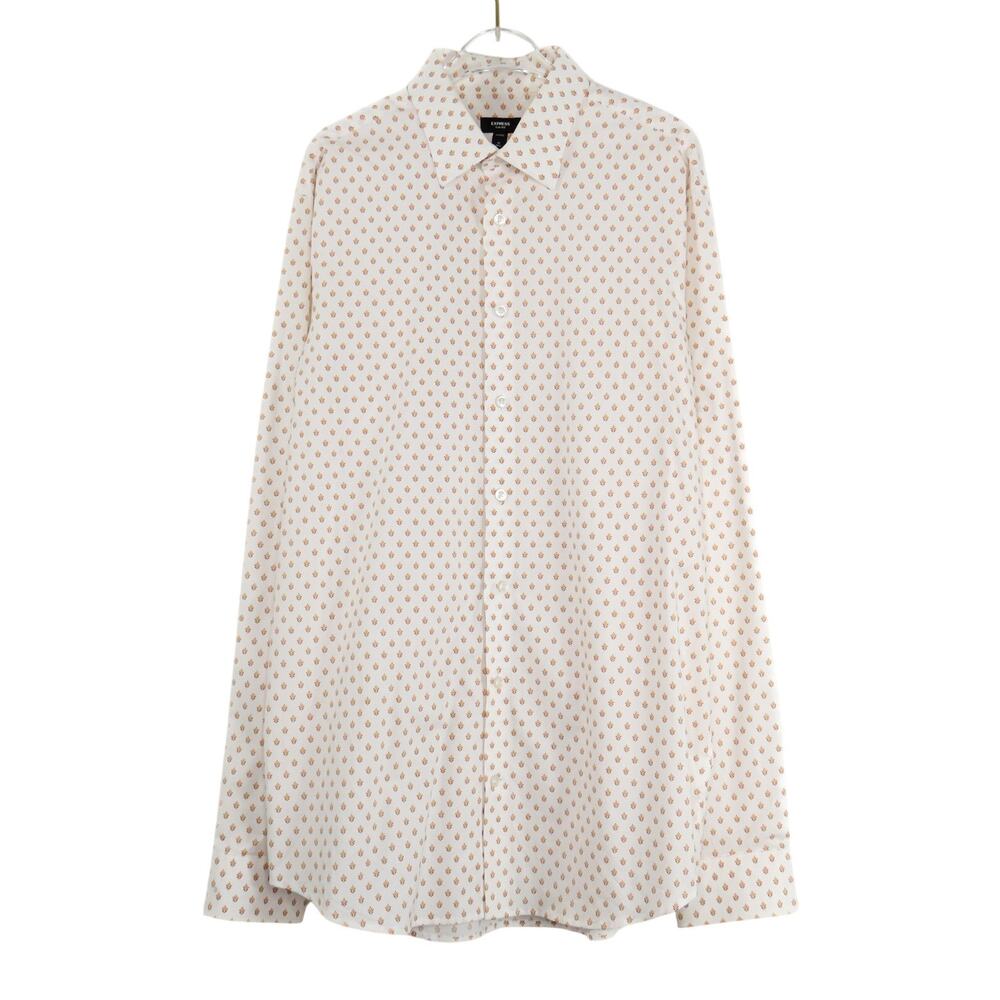 Express Slim 1MX White Yellow Leaf Print Button Up Dress Shirt Medium Tall